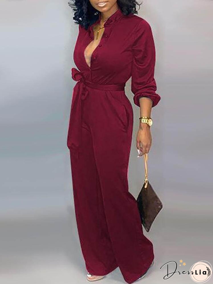 Solid Buttoned Pocket Casual Jumpsuit for Women