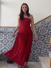 Ejimei 2025 Summer Sexy Red Patchwork Pleated Strapless Maxi Dress Fashion Off Shoulder Sleeveless Dresses Female Party Vacation Robes