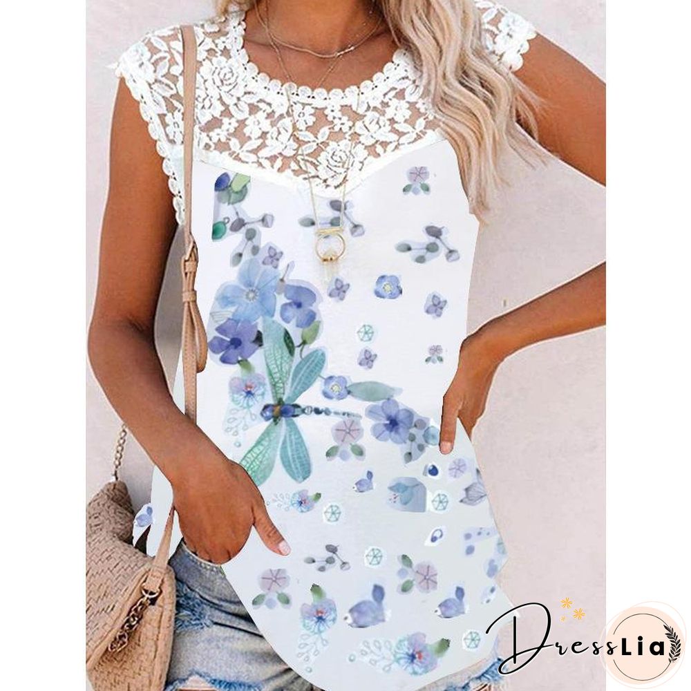 Lace Trim Printed Casual Short Sleeve Shirt