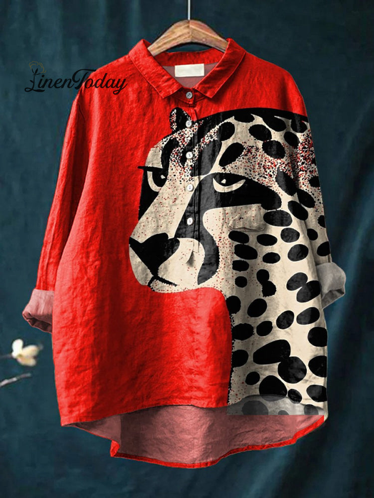 Leopard Graphic Printed Women&rsquo;s Casual Cotton And Linen Shirt Multicolor / S