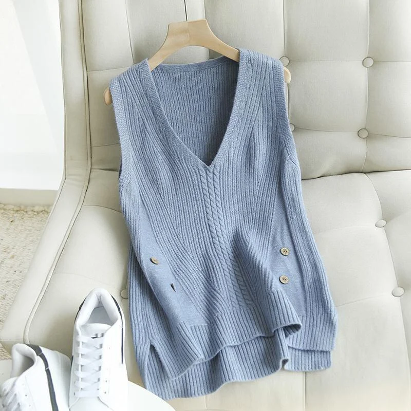 Solid Color V-neck Ribbed Knitted Sweater Vest Female Button Decoration Loose Sleeveless Pullover Sweater Vest Women Spring 2021