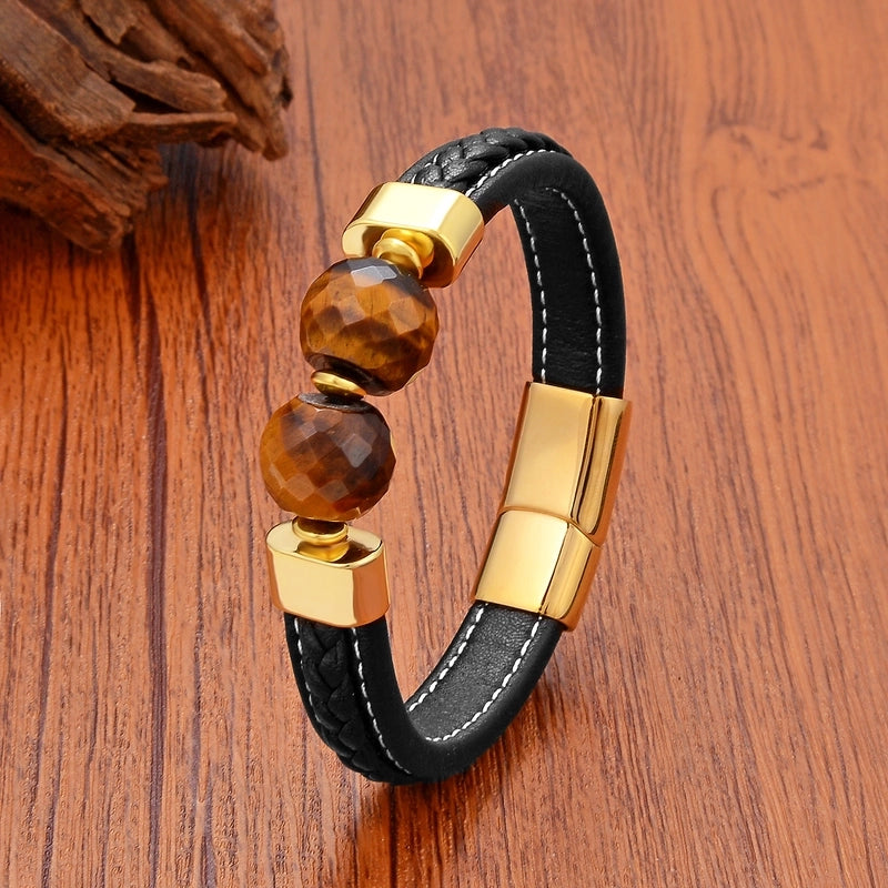 Retro Classic Style Round Leather Rope Iron Beaded Men’s Bracelets
