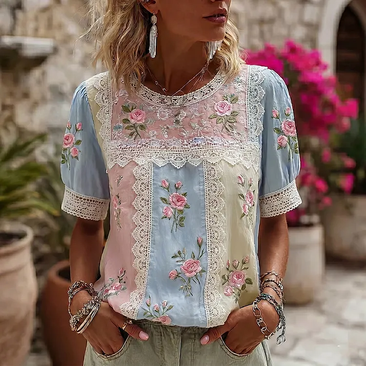 Women's Vintage Rose Embroidery Patchwork Art Crew Neck Linen Blend T-shirt