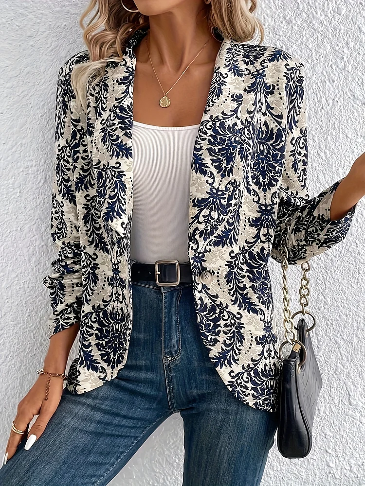 Elegant Women's Floral Print Blazer Jacket | H352 Navy Blue & White Short-Length Single-Breasted Machine-Washable All-Season Versatile Outerwear, Office Wear, Hline Silhouette, Lightweight Fabric, Stylish Coat, Professional Women