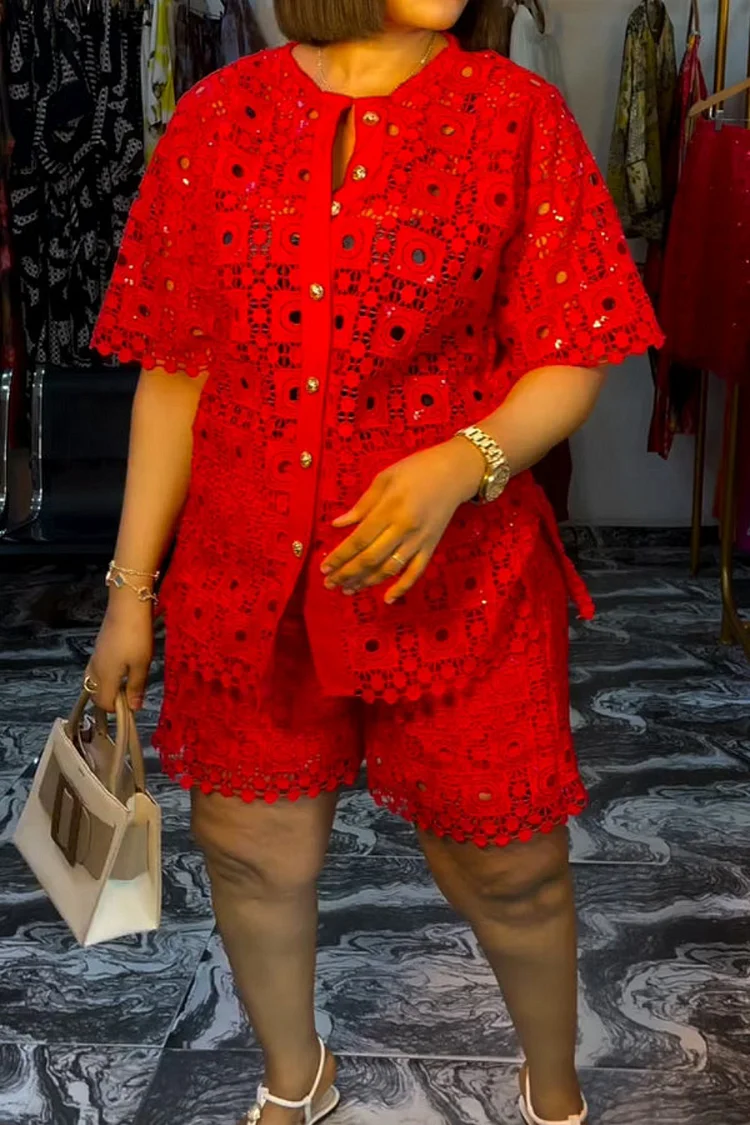 Plus Size Vacation Red Casual Round Neck Short Sleeve Pocket Two Piece Short Sets [Pre-Order]