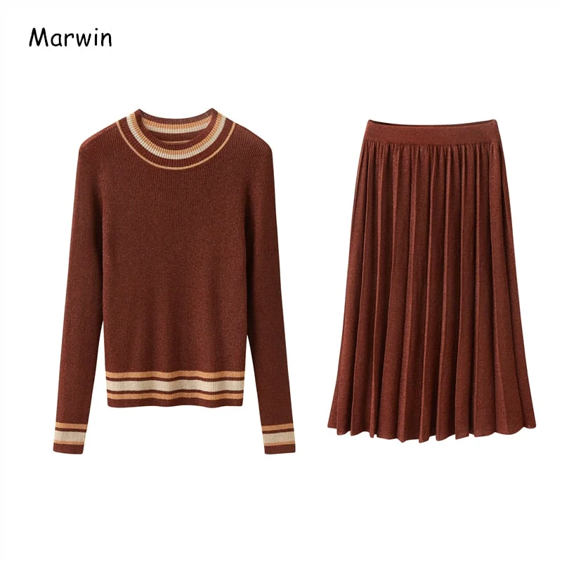 Marwin New-Coming Spring Autumn Solid Knitted Sweater Top Mid-Calf Skirts Outfit England Style Two Pieces Women‘s Sets
