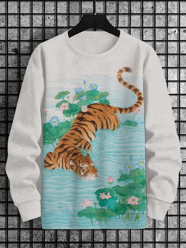 Men's Lotus Pond Tiger Art Print Casual Sweatshirt