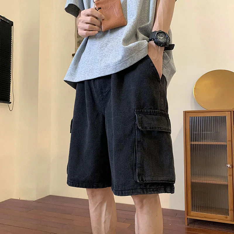 Aonga Summer Men Denim Short Streetwear Vintage Korean Harajuku Pocket Jeans Shorts Hip Hop Cargo Pants Oversized Bottoms Male Clothes 0613 aonga
