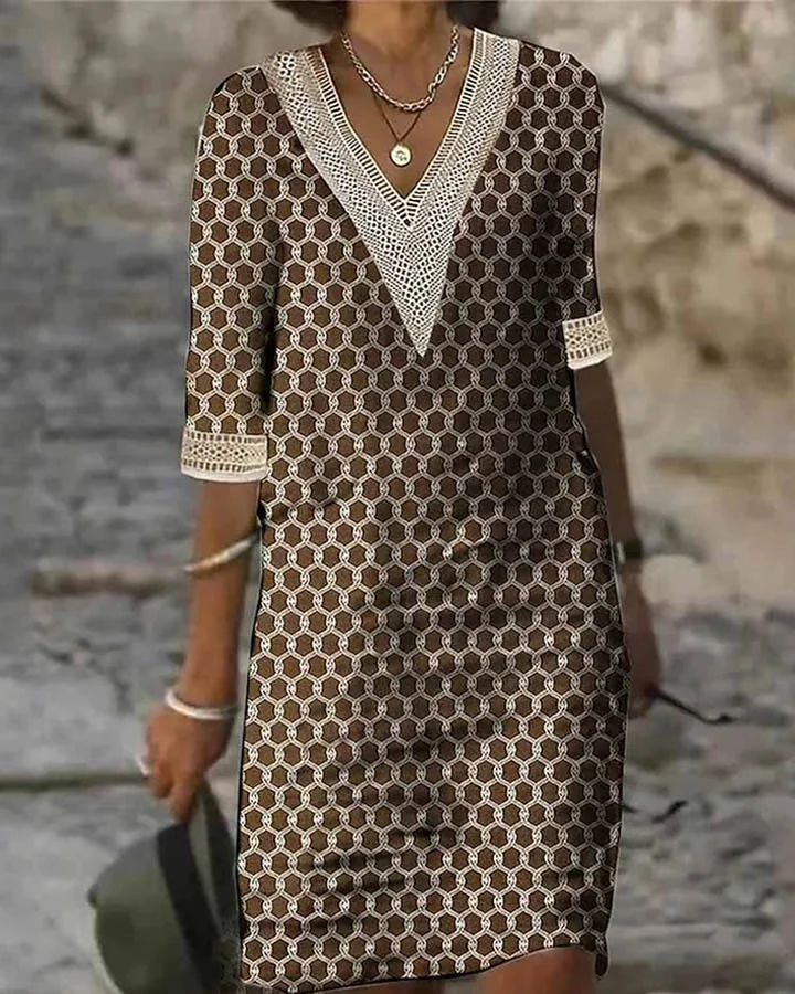 Ladies Casual Loose V Neck Printed Short Sleeve Dress