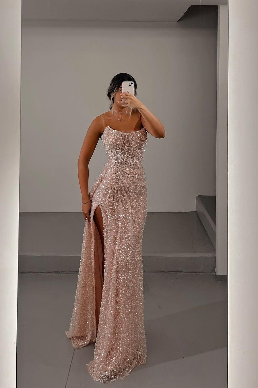 Oknass Strapless Sleeveless Long Mermaid Split Prom Dress With Beadings