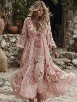 Women's Vintage Roses Floral Art Flowy Linen Maxi Dress