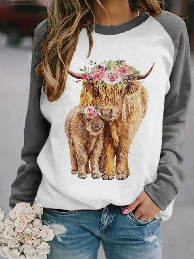 Women's Highland Cow Mom And Baby Print Casual Sweatshirt socialshop