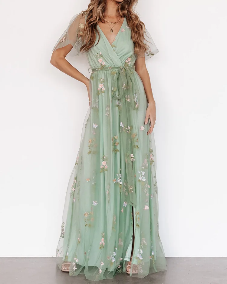 Floral Mesh Slit Maxi Dress