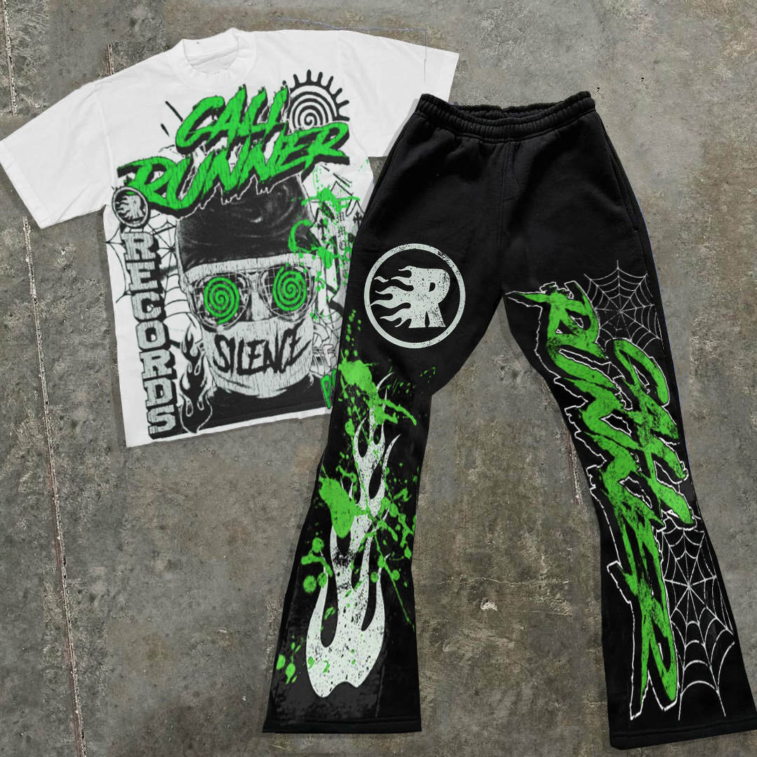 Flame Abstract Skiiiii Graphics Short Sleeve Tee & Flared Trousers Two Piece Set - Sopula｜Premium Graphic Tees & Graphic Clothing