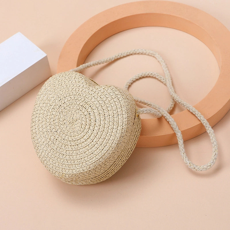 Kid’S Straw Heart Shape Cute Heart-shaped Zipper Shoulder Bag