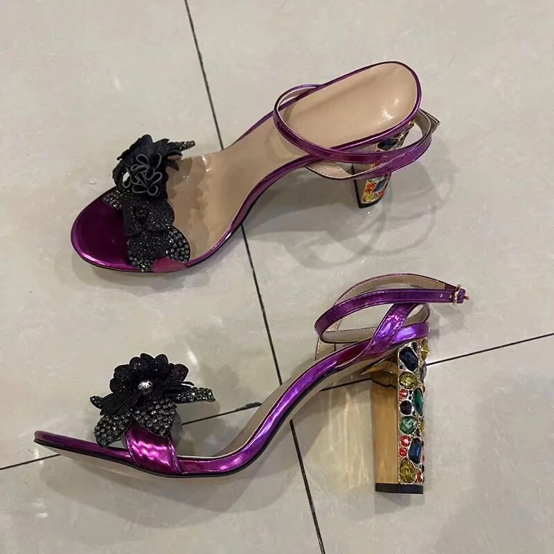 Purple Rhinestone Sandals Woman Open Toe Sequined Flower Strange High Heels Lady Party Shoes