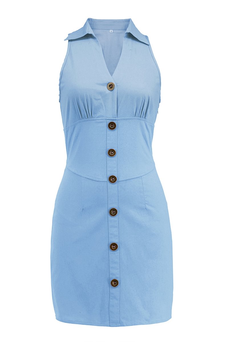 1950s Blue Casual V Neck Sleeveless Mini Dress