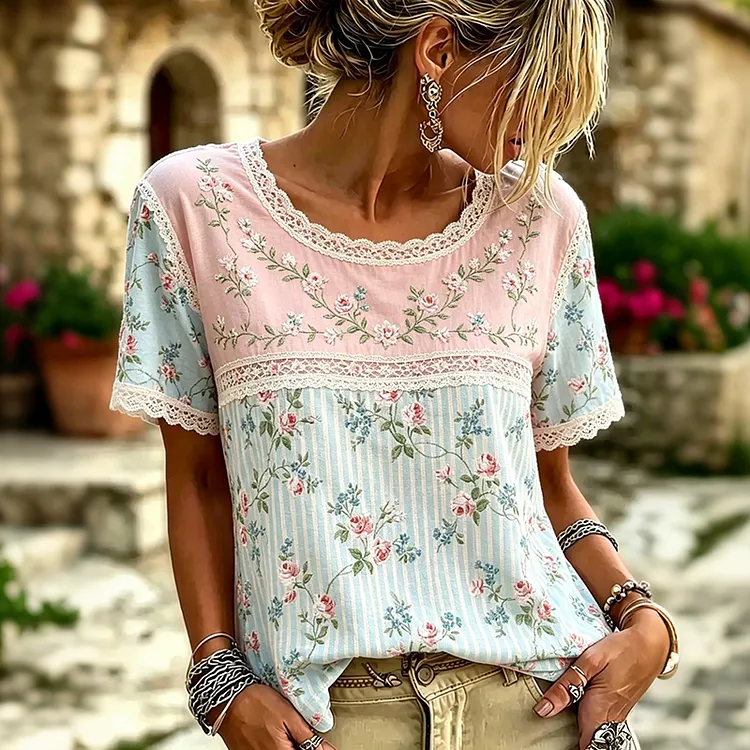 Women's Vintage Rose Embroidery Patchwork Art Crew Neck Short Sleeve T-shirt