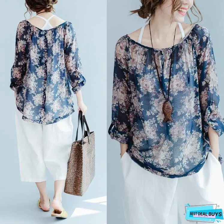 The old memories Navy floral cotton shirts thin long sleeve blouses cotton tops