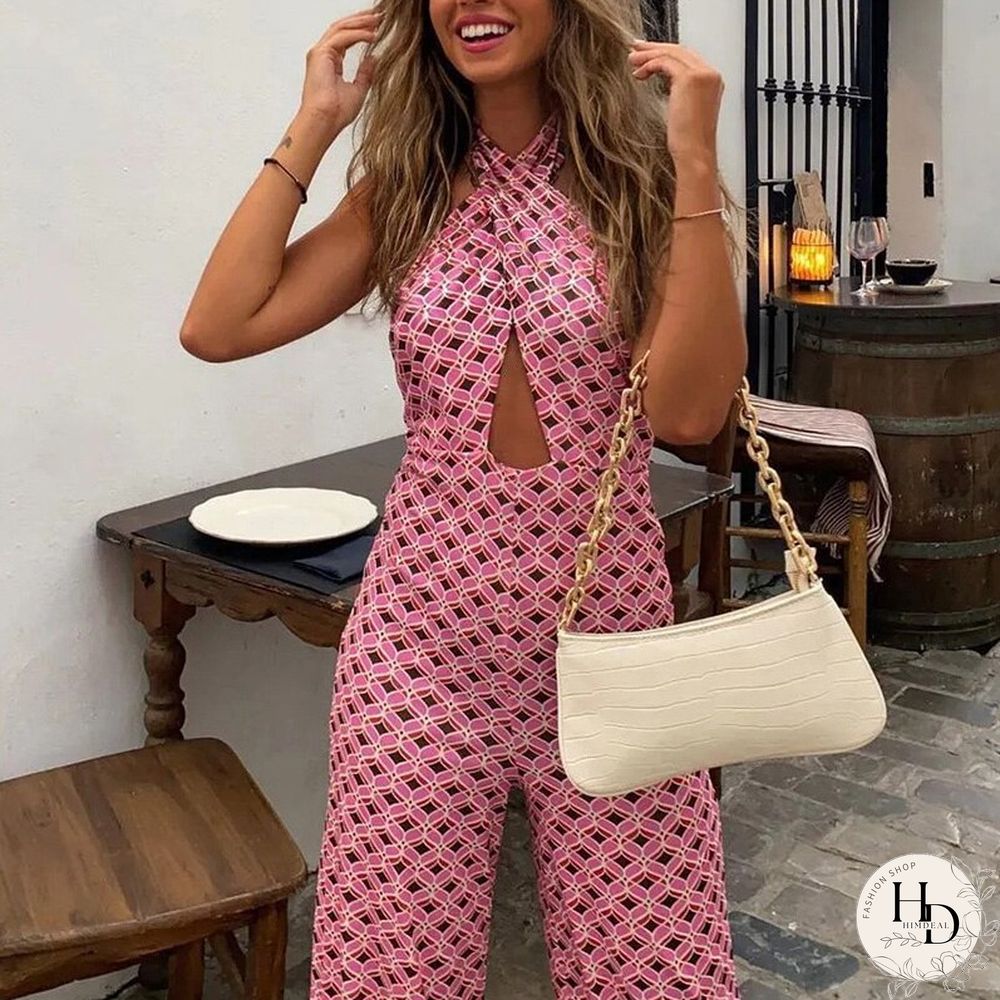 Cutout Open Back Wide Leg Combinations Backless Pink Sweet Sexy Women Jumpsuit Long