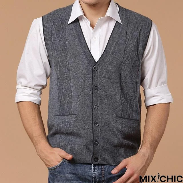 Men Autumn Winter Solid Business Mens Cashmere Knitted Vest V-Neck Cardigan Men Brand Clothing