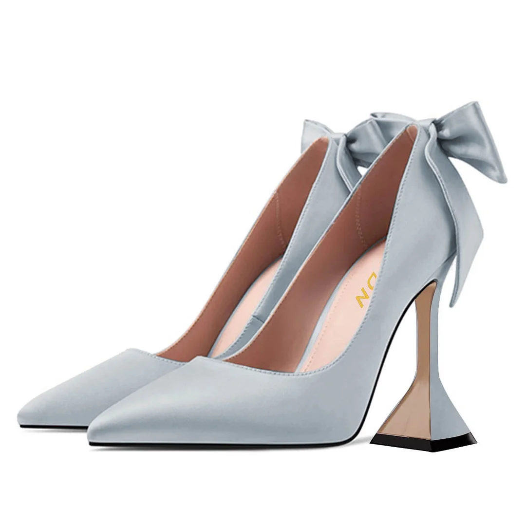 Blue Pearl Pointed Toe Flared Heel Wedding Shoes with Back Bow Accent