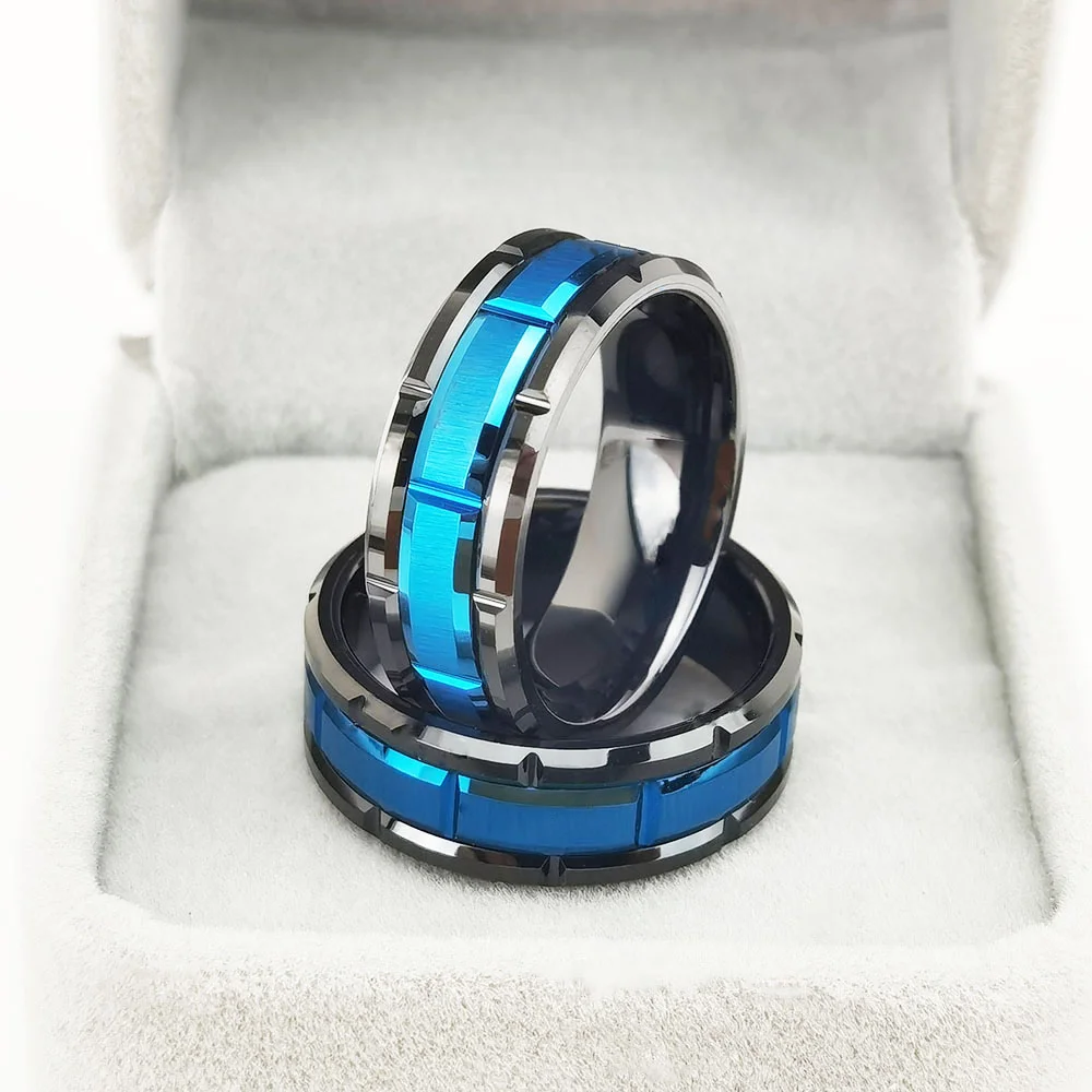 8MM Tungsten Carbide Irregular Groove Blue Middle Black Couple Bands Womens Or Mens