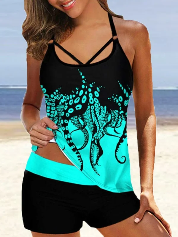 Women Sleeveless U-neck Graphic Tankini Swimwear