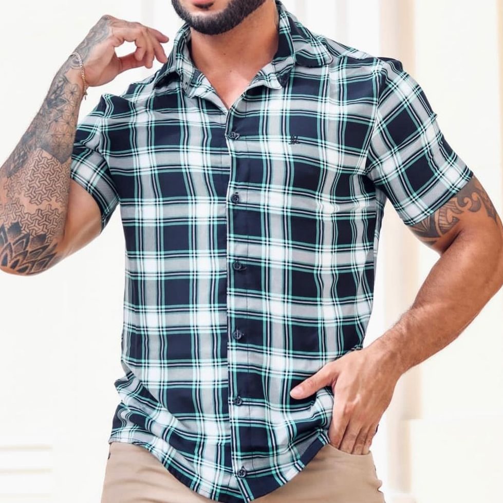 Men's Casual Fashion Geometric Check Print Short Sleeve Shirt、、URBENIE