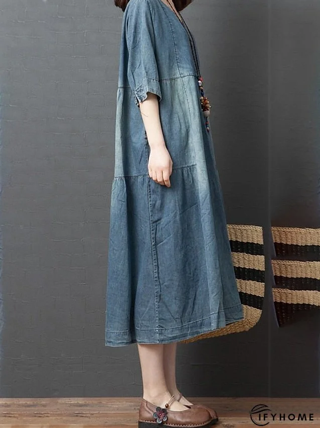 Denim Dress Casual Dress Midi Dress Denim Fashion Casual Daily Vacation V Neck Button Pocket Half Sleeve Summer Spring Fall Loose Fit Blue Dark Gray Plain M L XL 2XL for Women | IFYHOME
