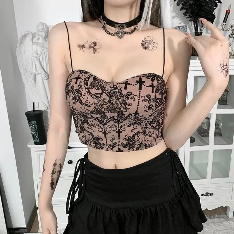 InsGoth Vintage Floral Print Apricot Camis Gothic Aesthetic Bodycon Corset Tops Women Elegant Bra Build Sexy Backless Camisole