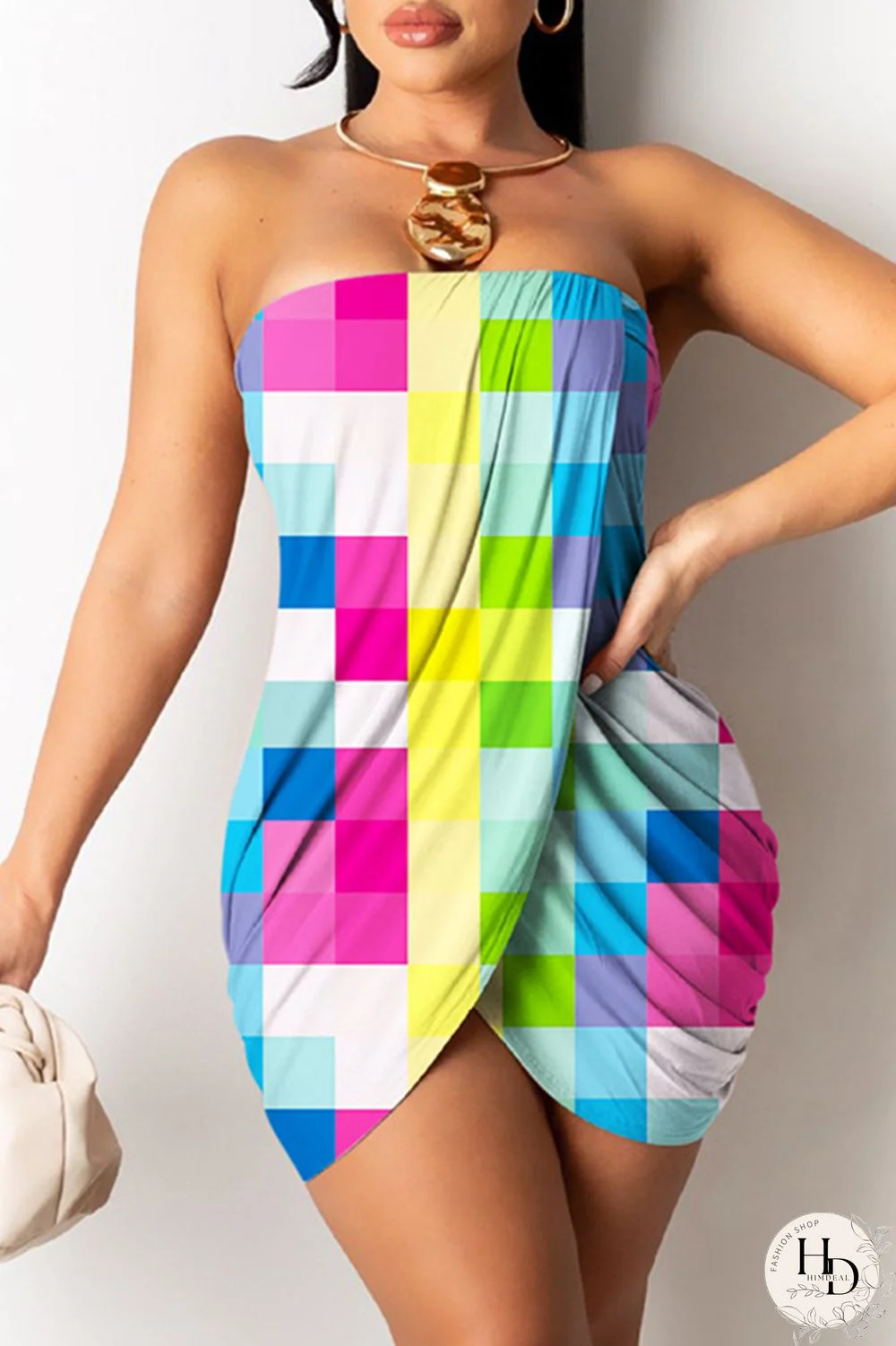 Colour Sexy Print Patchwork Backless Strapless Sleeveless Dress Dresses