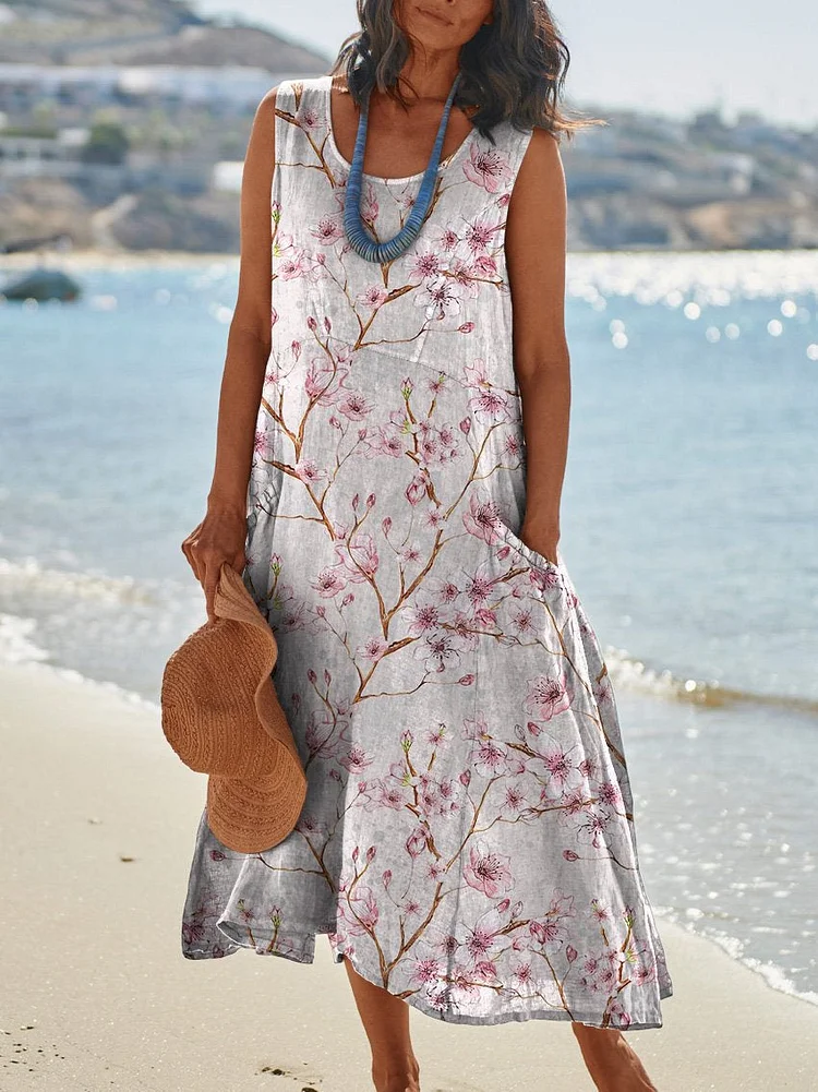 Spring Cherry Blossoms Seamless Repeat Pattern Printed Women's Pocket Pinafore Linen Dress