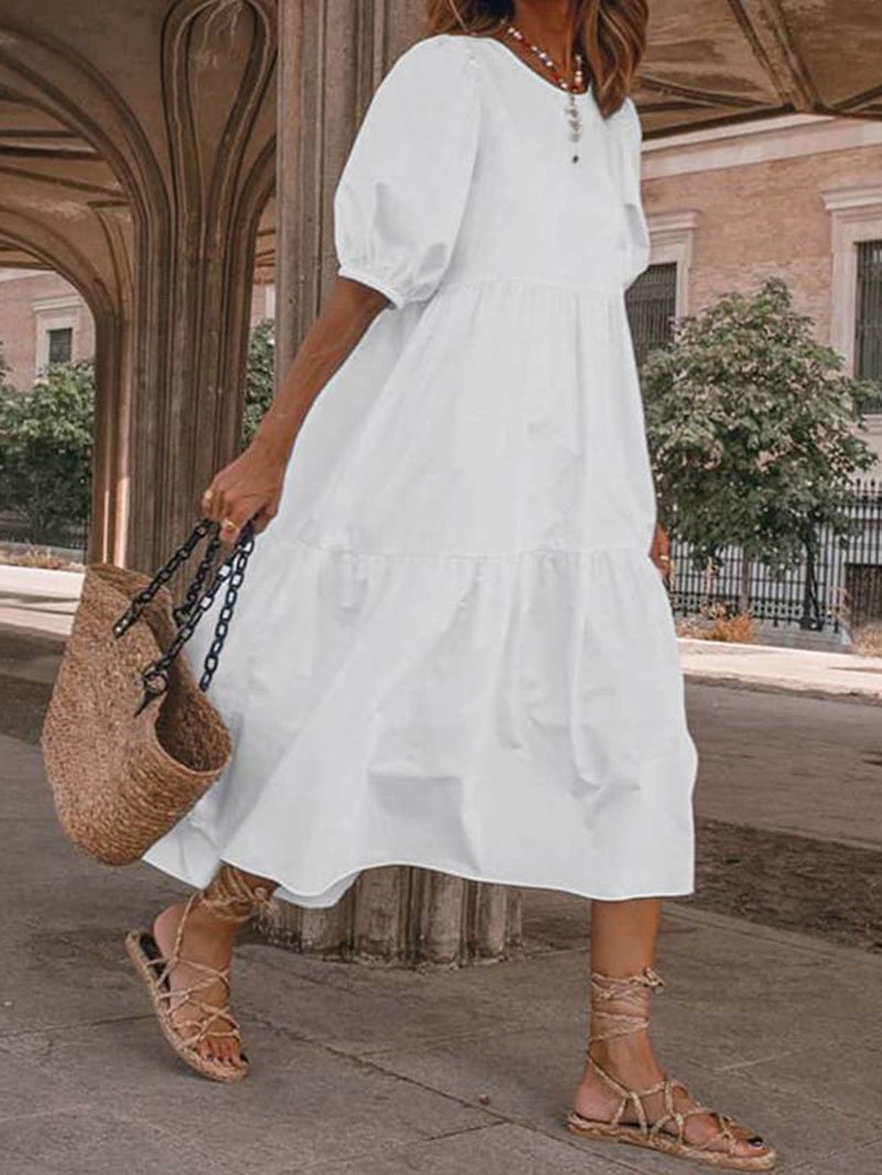 Cotton Linen Lantern Sleeve Casual Dress