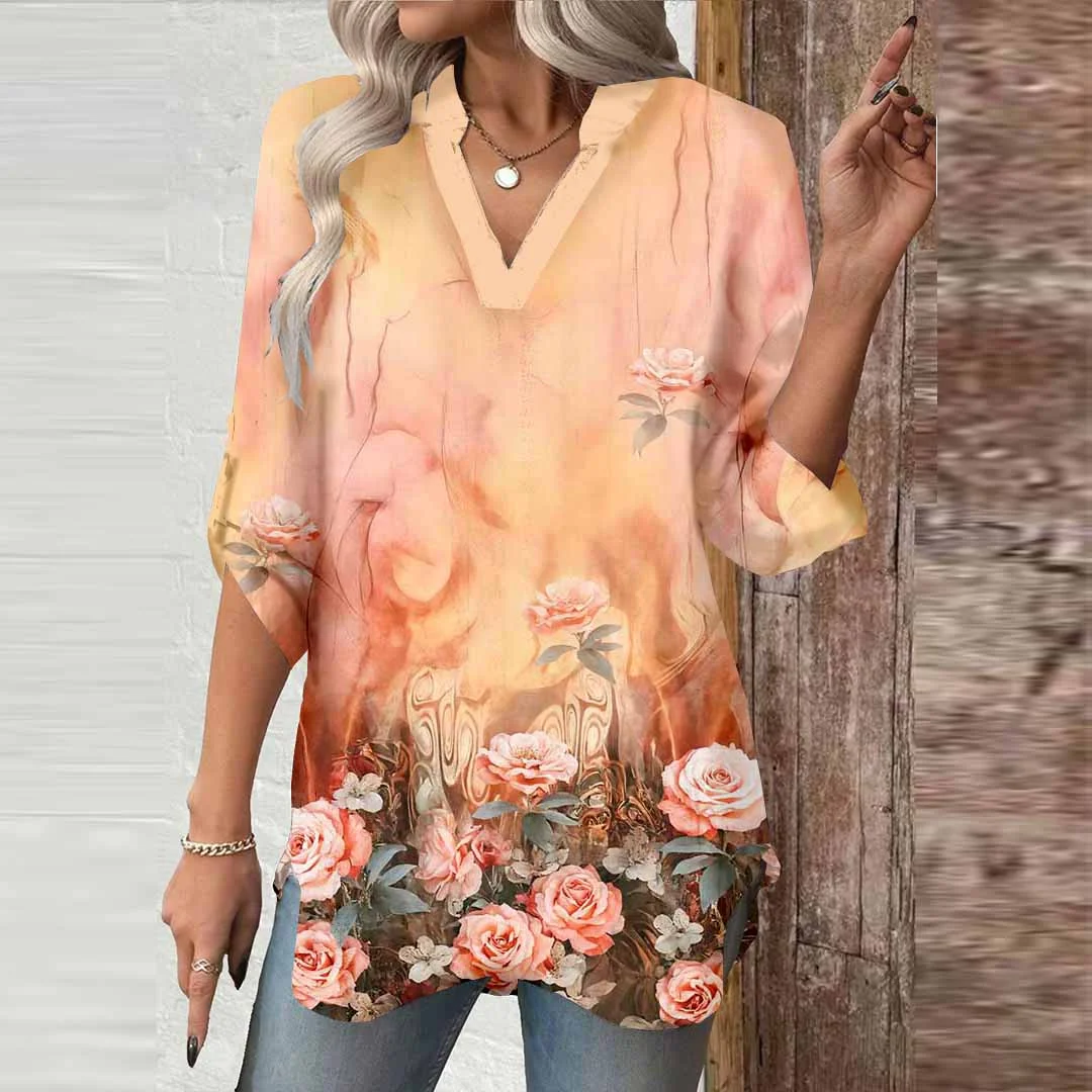 Women Floral,Orange,Black DZGA0636 3/4 Sleeve V-neck Printed Graphic Button Tops