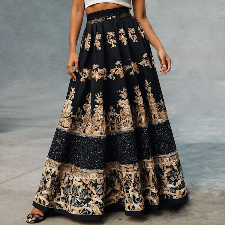 Casual Floral Pattern Pleated High Waist Maxi Skirt