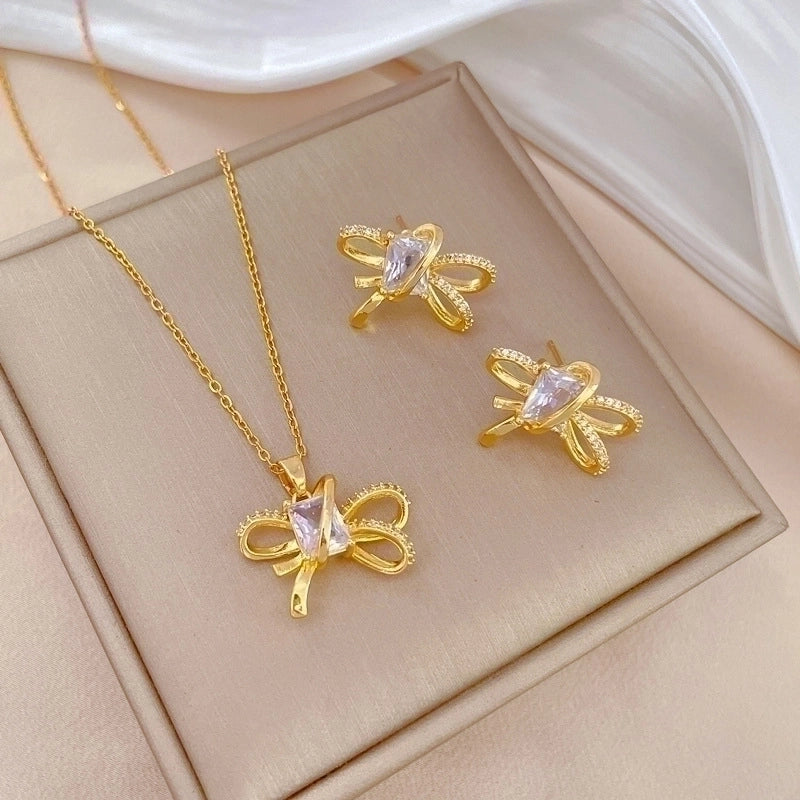 Copper Minimalist Plating Inlay Rhombus Bow Knot Zircon Jewelry Set