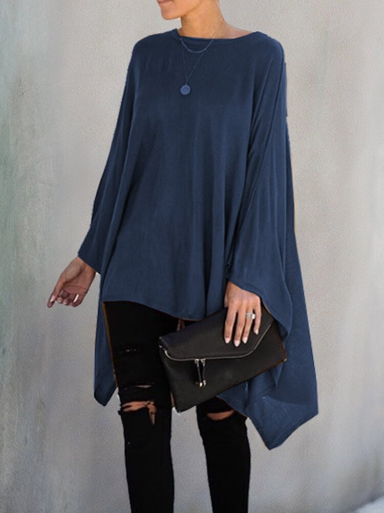 Casual Solid Color O neck Long Sleeve High low Hem T shirt P1782631