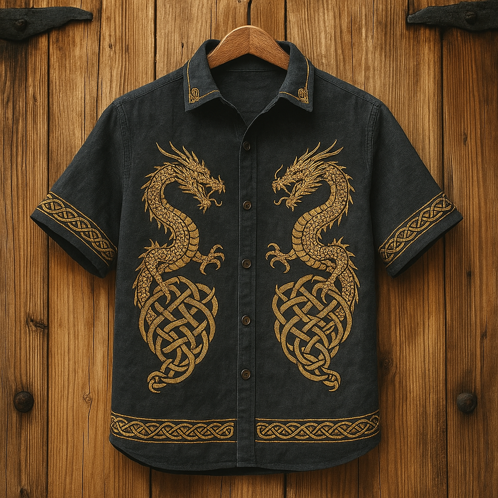 Viking Dragon Classical Art Men's Hawaiin Linen Shirt / Rvogue / Rvogue