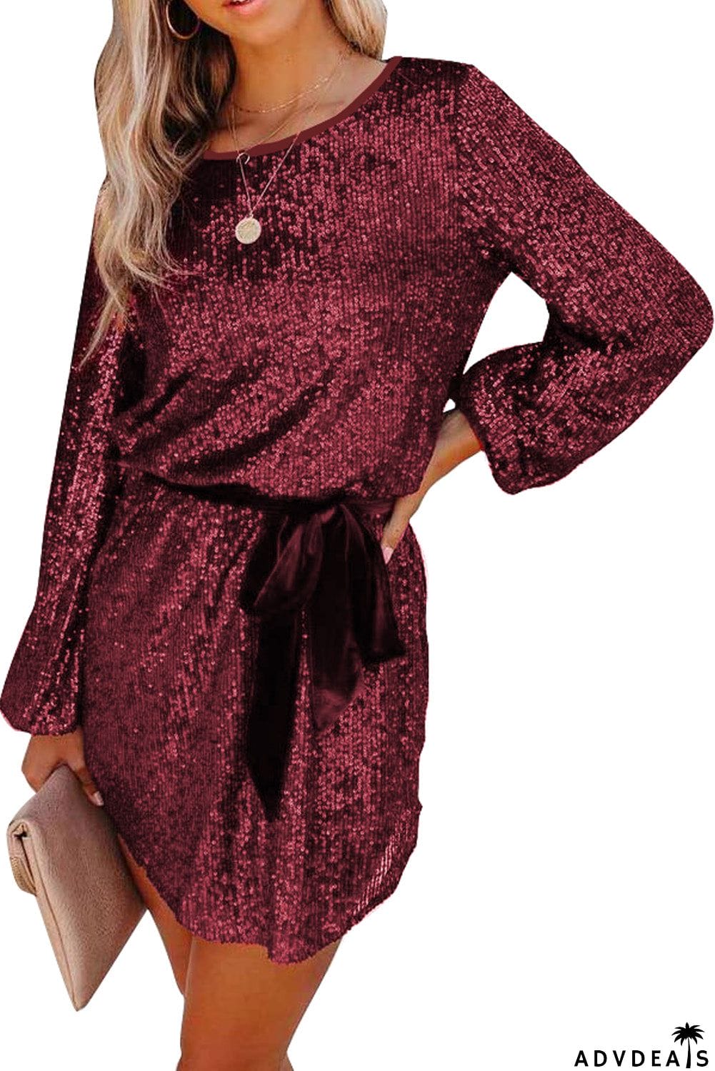 Wine Red Loose Long Sleeve Sequin Dress with Sash