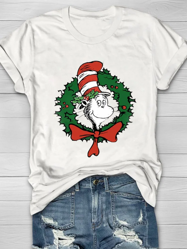 Eagerlys The Cat In The Hat With A Christmas Wreath Teacher T-Shirt Eagerlys