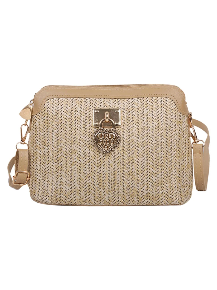 Vintage Women Summer PU Woven Shoulder Bag Love Heart Small Handbag (Khaki)