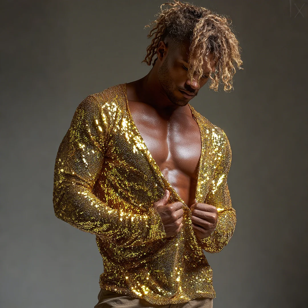 Men's Sequined Long-sleeved T-shirt With Subtle Shimmer, Sexy Low-cut Top-inspireuse