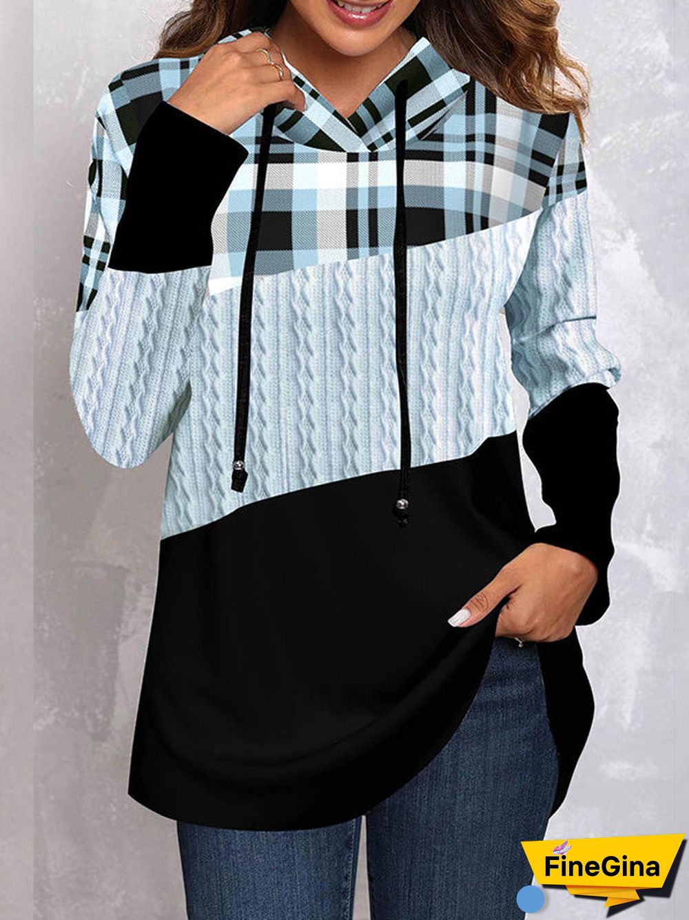 Women's Stitching Plaid Graphic Printed Scoop Neck Long Sleeve Top