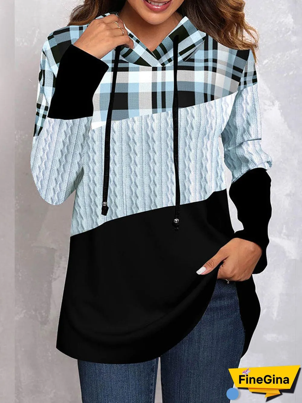 Women's Stitching Plaid Graphic Printed Scoop Neck Long Sleeve Top
