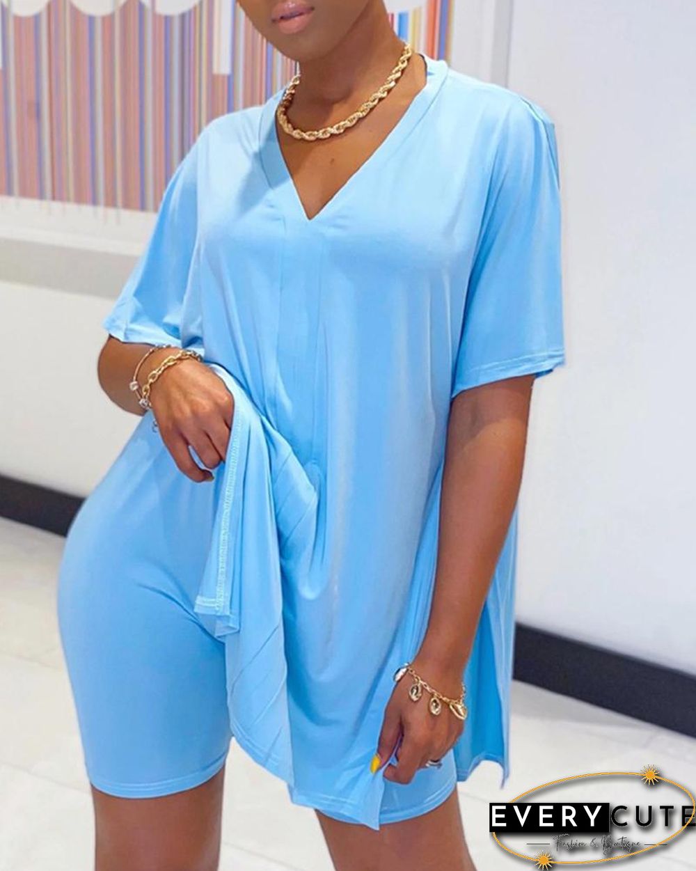 Batwing Sleeve Slit Top & High Waist Shorts Set P10161