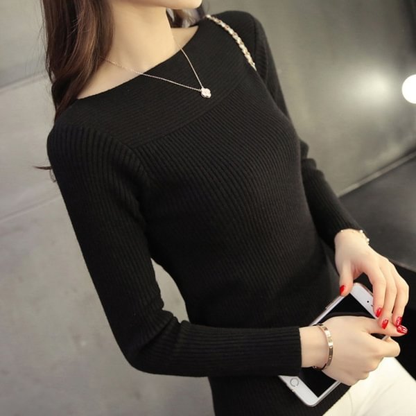 Ladies Sweater Office Lady Slash Neck Solid Standard Korean Tops - Shop Trendy Women's Fashion | TeeYours