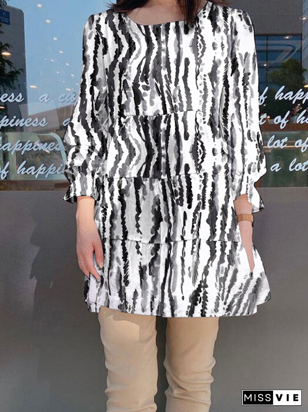 Stripe Round Neck Ruffle Long Sleeve Blouse