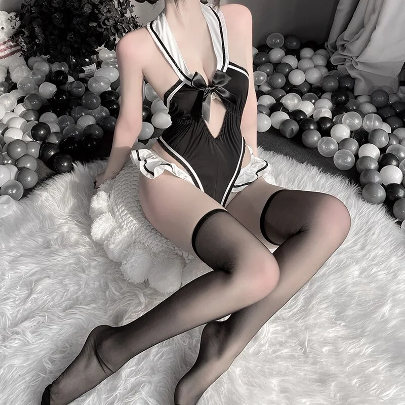 Billionm OJBK Lingerie Hollow Bodysuit Girl Lovely Lace Maid Uniform Halter Bow-knot Open Crotch Erotic Underwear Porno Maid Cosplay New