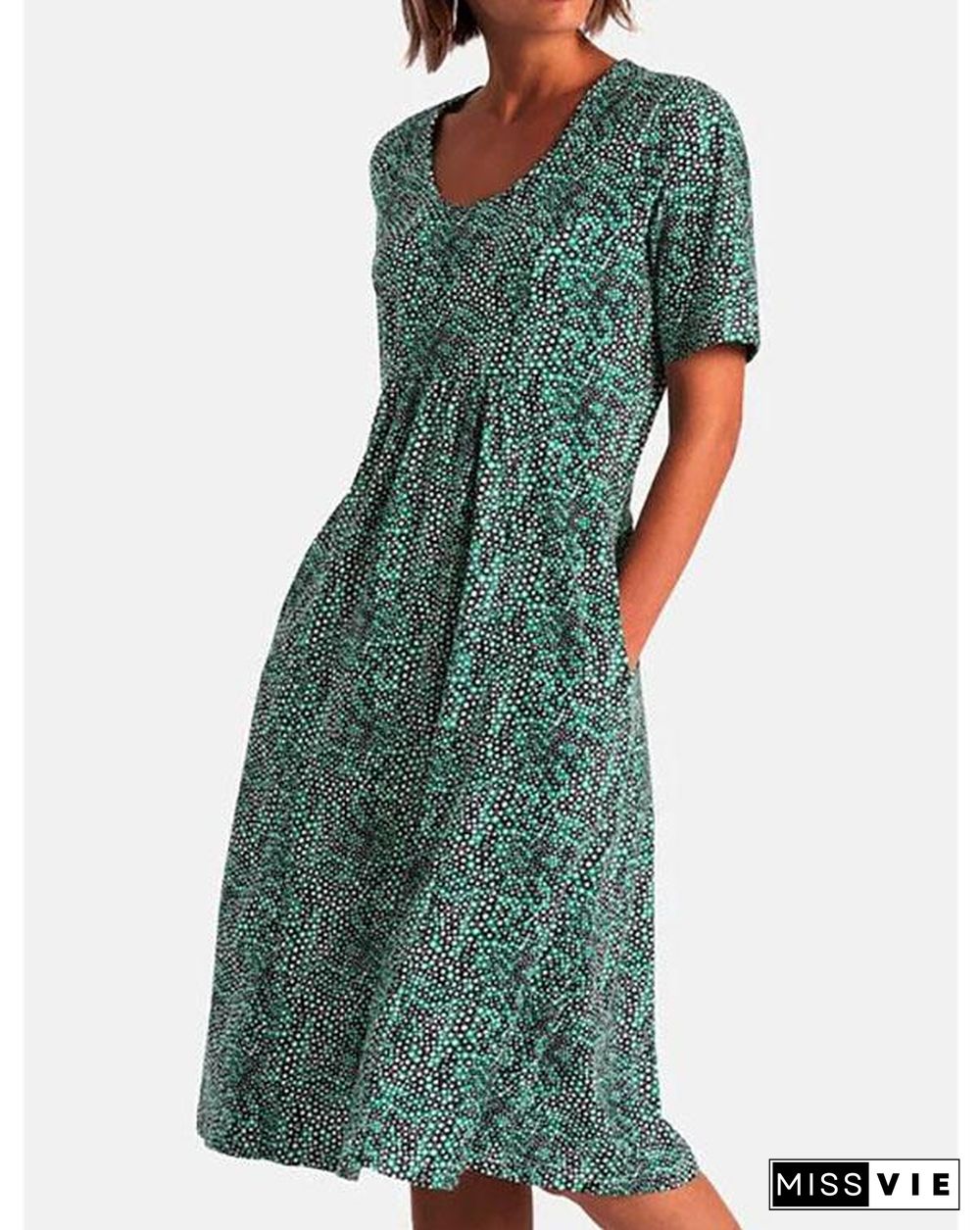 Summer Printed Midi Dress Crew Neck Dresses